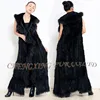 CX-G-B-117 Women Girls Fashion Knitted Black Rabbit Fur Coat Long Style