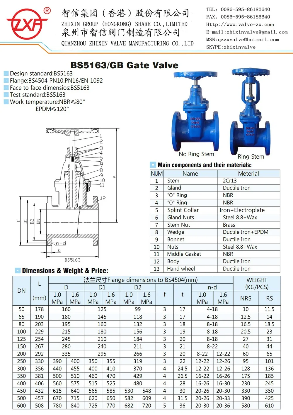 Ductile Iron Bs5163 Resilient Seated Gate Valve Light Type Dn50-dn300