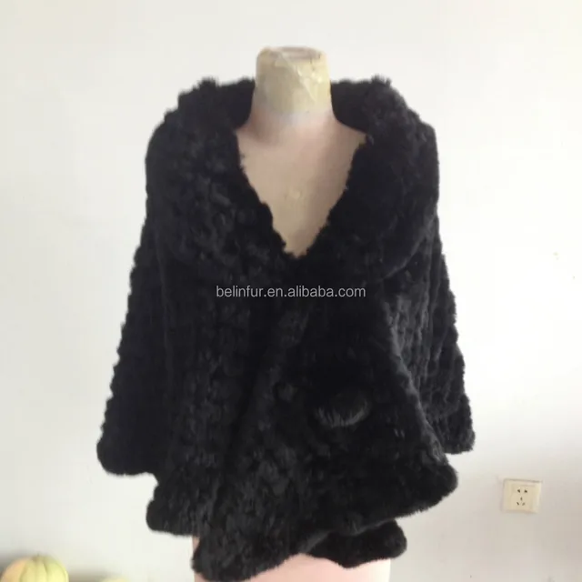 factory price rex rabbit fur black cape for women
