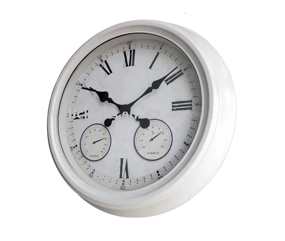 Fashion Metal Waterproof White Wall Clock With Thermometer and