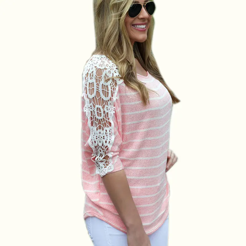 2015 Boutique Clothing Fashion T Shirt Women Hollow Sexy Women Tops Cute Pink Cut Shirt Tees Large Size Lace Patchwork T-Shirt D