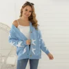 Over Size Light Blue Fall Winter Cardigan Korean Fashion Sweater With Stars Pattern