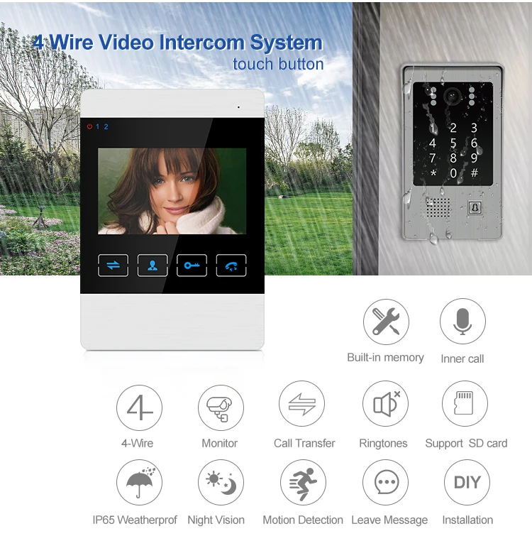 Kepad and RFID to access 4 wire 4.3 inch video doorbell intercom system support multi-language