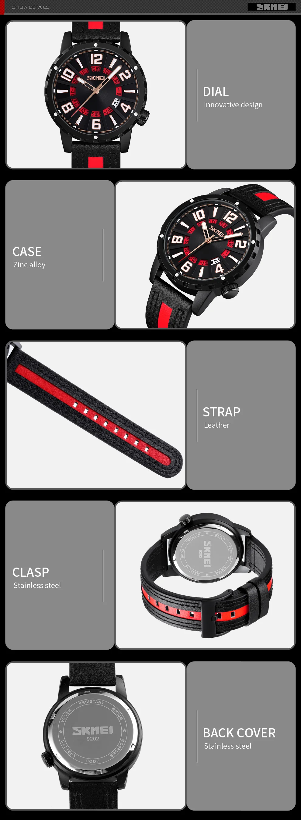 SKMEI 9202 Men Fashion 3 ATM waterproof Luxury Leather wrist Watches