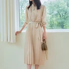 French long sleeve Pleated Dress tie with waist and elegant temperament shirt dress woman