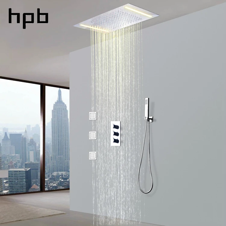 降雨電気 LED 天井マウントステンレス鋼のシャワーヘッドのバスルームにはシャワーセットボディジェット
