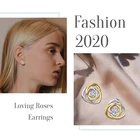 Pink Fashion Silver Gold Pink 3 Color Separation Diamond Rose Flower Earrings