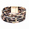 Europe Hot Alloy magnet buckle Bangle Leopard Beaded multi-layer Leather Bracelet