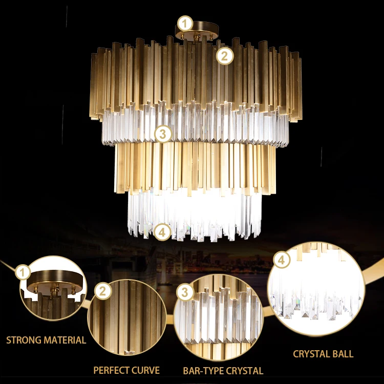 High Quality Crystal Tube Luxury Round Gold Stainless Steel Modern Chandeliers