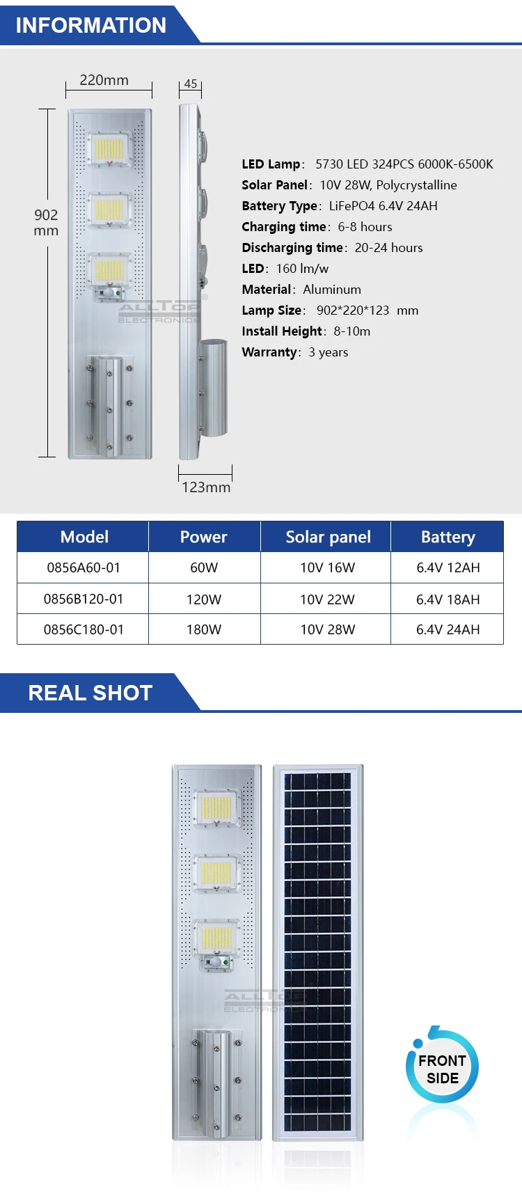 ALLTOP Outdoor IP65 solar battery motion 60w 120w 180w all in one led solar street lamp