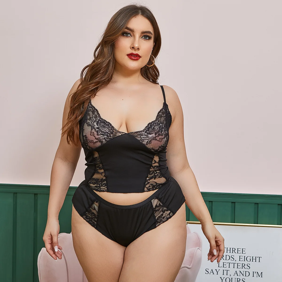 Wholesale Piece Sexy Black Lace Plus Size Cami Set For Big Women