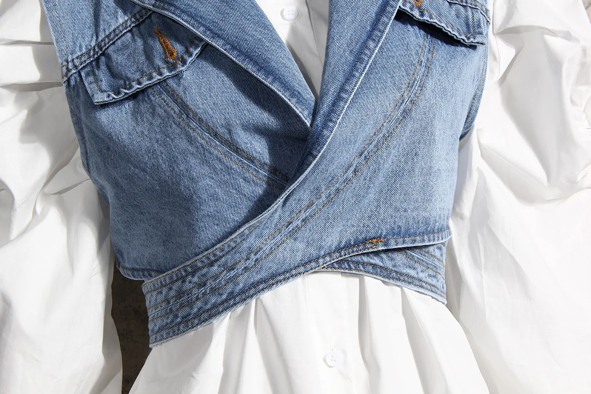 New Fashion Ladies Two-piece Veste Femme Irregular Short Denim Vest Jacket Puff Sleeve Loose Blouse Suit Women