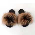 Women Fur Fashionable High Quality Fluffy Sandal With Strap Women Fluffy Slides Raccoon Fur Slippers