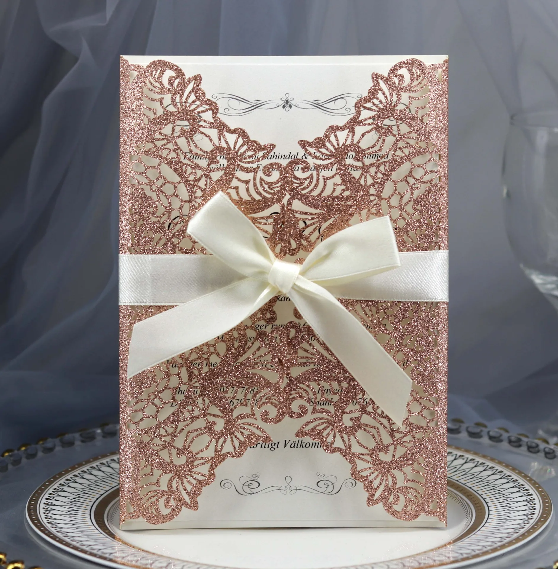 with ribbon set 3 fold glitter paper wedding invitation cards