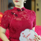 Wedding Dress Handmade Chinese Wine Red Sexy Long Lace Ethnic Wedding Clothing Women Silk Cheongsam Qipao Dress