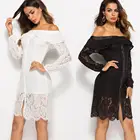 Fall Sexy Women Ladies Off Shoulder Mini Black Long Sleeve Lace Ruffle Dress With Buttons