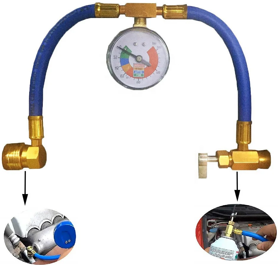 Car Refrigerant Charging Hose Kit With Gauge Self Sealing Can Tap Valve