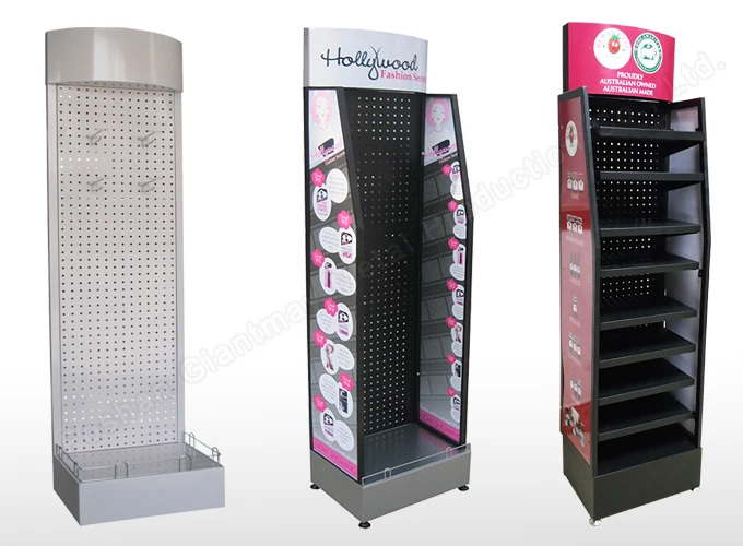 Retail Store Shop Floor Standing Small Pegboard Hanging Product Metal Display Rack with Shelf