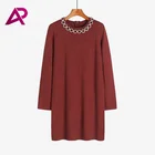 Women Casual Long Sleeve Gold Chain Crew Neck Loose Tunic Sweater Knitted Dress