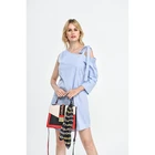 100% cotton Oxford single sleeve bow one shoulder women sky blue dress