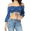 2019 OEM wholesale summer long sleeve off shoulder top jeans sexy fashion draw cord elastic short blouse