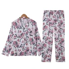 High Quality Girls Flower Print Long Sleeve Stain Silk Night Wear Sets 2Pcs Set Women Sleepwear Pajamas