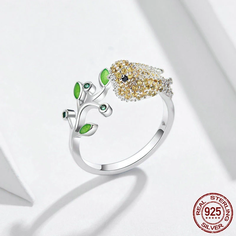 hot selling cooper ring gold bird flower open ring adjustable cubic zircon enamel ring copper