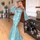 2019 Blue Beading Long Sleeve Lace Applique Mermaid Evening Dress Prom Gowns