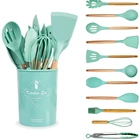 Pink Green Gray Red Purple 12 pcs Wooden Handle Cooking Tools Accessories Gadgets Silicone Kitchen Utensil Set