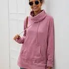 Kangaroo Pockets Loose and Leisure Hoodie Sweatshirt Fleece Autumn Women Clothing Solid Color Pink Sweatshirt Turtleneck