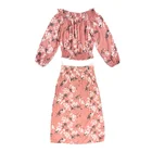Custom 100% rayon lady hawaiian flower print off shoulder long sleeve two piece skirt and blouse set women