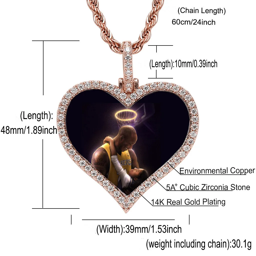 Personalized custom photo heart souvenir jewelry gift, bling bling hip hop copper with Cuban link chain pendant necklace