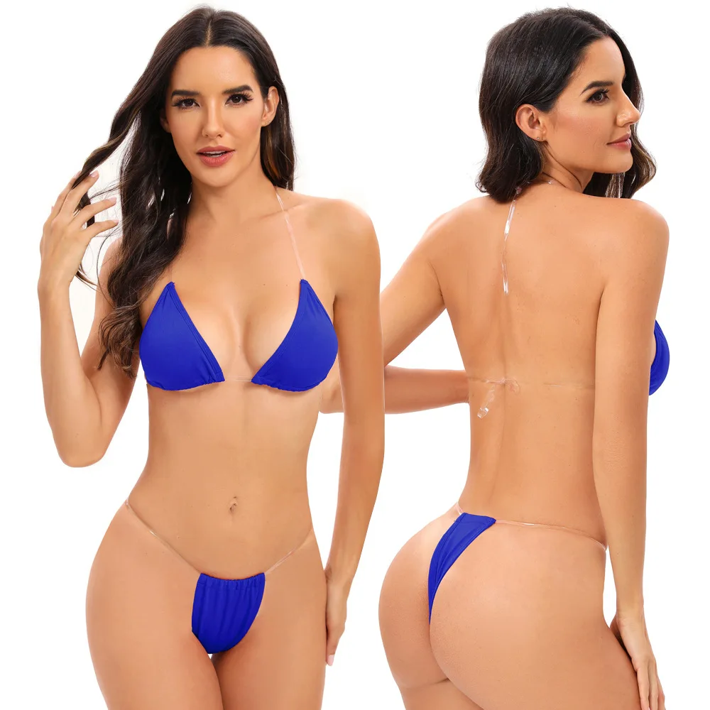 Three Point Bikini Pure Color Women S Swimsuit Transparent Shoulder