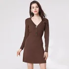 Factory Korean version style slim long sleeved knitted dress women V neck sweater dress