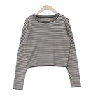 Fashion Autumn 100% Cotton Full Sleeve Tight Fit Lady Yarn Dyed Striped Crop Tops T-shirt