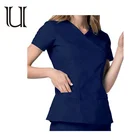 Uniform Solid Color Short Sleeve Nursing Clothing Hospital Uniform Medical Scrubs Tops For Women