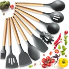 Silicone Set Eco Friendly Portable Wooden Handle Kitchen Heat Resistant Silicone Shovel Spoon Set