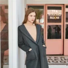 RSJ Fashion design Cashmere Wool Double-Sided Hooded Lapel Coat H-Type Loose Jacket Women Grey Winter Coat
