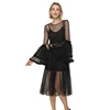 In Stock Flare long Sleeves maxi dress with lace elegant lady black dress