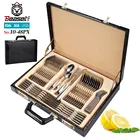 Set Leather FDA-48pcs Shiny Gold Plated Stainless Steel Cutlery Set With Leather Trunk