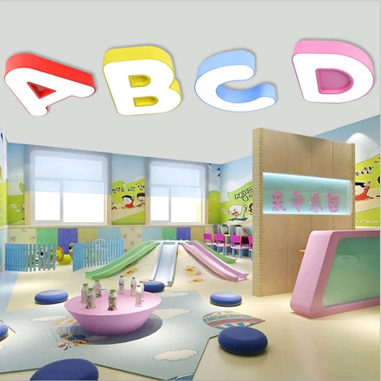 Kids Boy Girl Bedroom Study Room Letter A B C D Cartoon Warm Led Remote Ceiling Chandelier Lights
