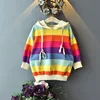 Kids Girl Long Sleeves Rainbow Striped Sweaters Fashion Children Girl Colorful Stripes Hooded Sweat Shirt for 2-6T Girl