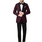 MTM service high end burgundy formal wool satin italian style shawl lapel slim suit for men