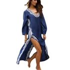 Long Sleeve Swimsuit Cover Up V Neck Swimwear Beach Robe Kaftan Dress