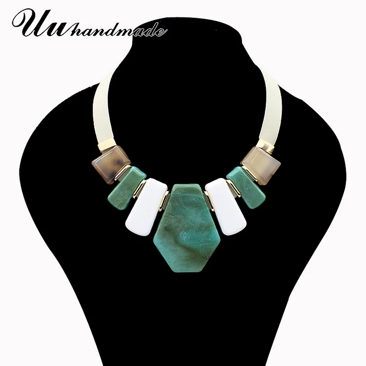 Wide leather chain collar jewelry for women large acrylic bohemian statement necklace