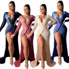 10316NA Fashionable Long Sleeve Deep V High Split Sequins Maxi Sexy Dresses For women Club