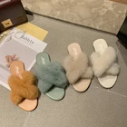 Original 2019 new fashion ladies home slippers winter hot season flat bottom non-slip artificial plush cross shoes