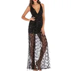Wholesale Lady Summer Straps Backless Off-Shoulder Women Maxi Sequined Sexy Party Club Black Dress