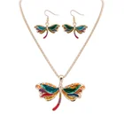 Fashion women enamel alloy dragonfly charm pendant necklace and earrings jewelry set