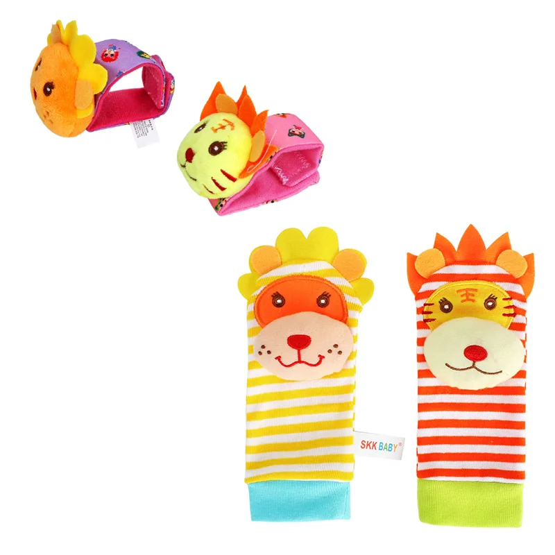 4PCS plush animal lion tiger baby wrist band and foot finders rattle toy